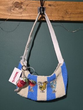 NWT TJ Maxx Made In India Cocktail Glass Blue Stripe Beaded Shoulder Bag